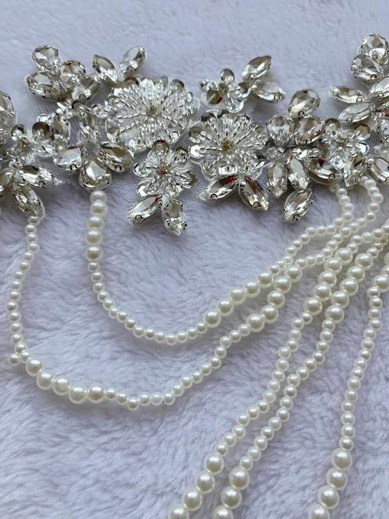 wtbvn 1 Pair Beaded Rhinestones Applique Embellishment for Clothes Epaulettes Shoulder Patches Sew-on Diamond Sequin Tassels Applique for Wedding Dress DIY Accessories 9.8X10.2inches (Silver) - Image 4